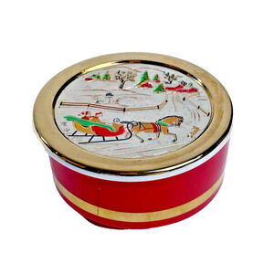 Vintage Happy Holidays Himark Japan round trinket candy dish sleigh horse 24kt